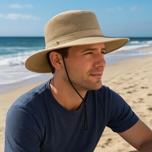 Jacobson Hat Men's Tan Sun Hat Boonie Safari Breathable Mesh Chin Strap